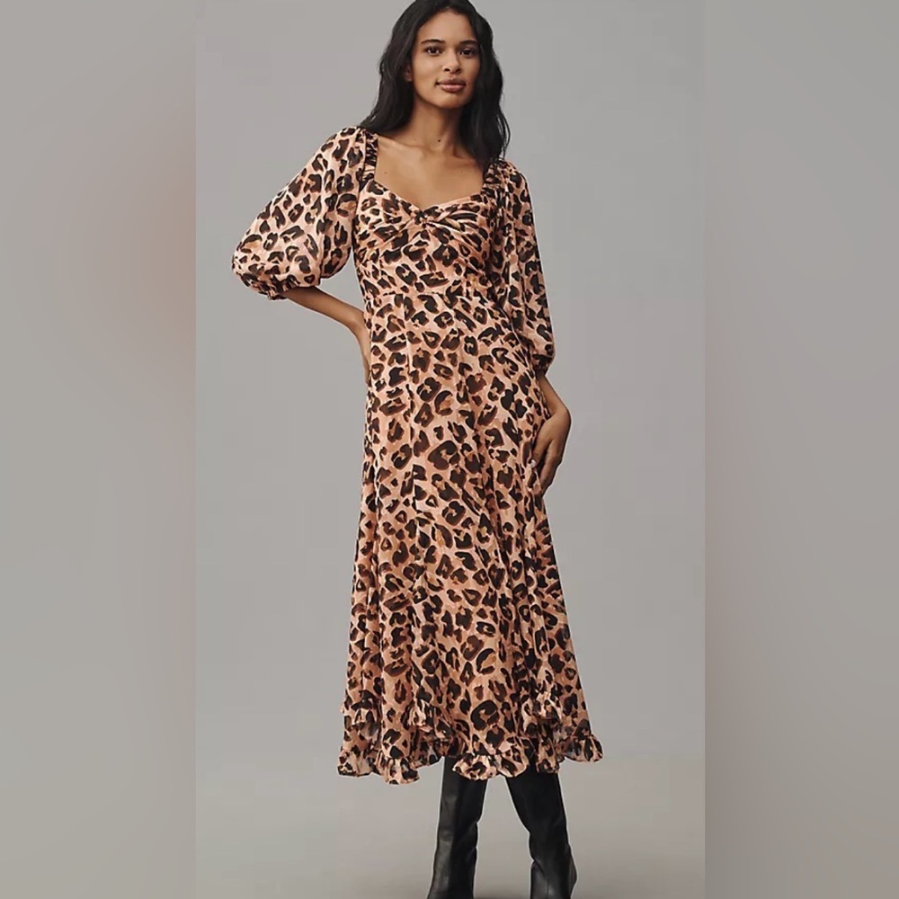 Anthropology Hutch Printed Twist-Front Puff-Sleeve Ruffle-Hem Dress NWT LP